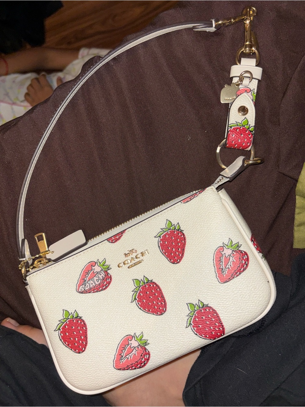 Coach White Leather Mini Wristlet with Red Strawberry Print